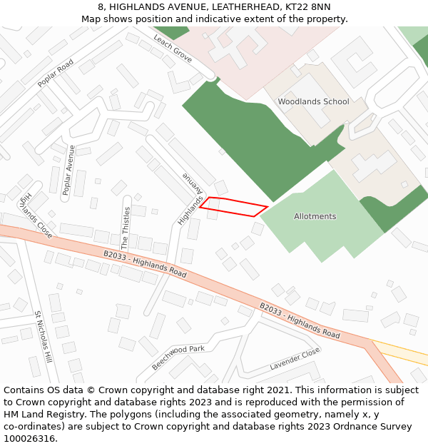 8, HIGHLANDS AVENUE, LEATHERHEAD, KT22 8NN: Location map and indicative extent of plot