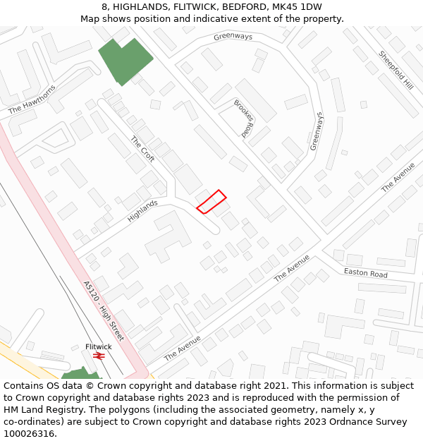 8, HIGHLANDS, FLITWICK, BEDFORD, MK45 1DW: Location map and indicative extent of plot