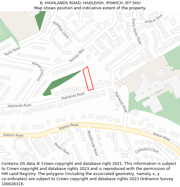 8, HIGHLANDS ROAD, HADLEIGH, IPSWICH, IP7 5HU: Location map and indicative extent of plot