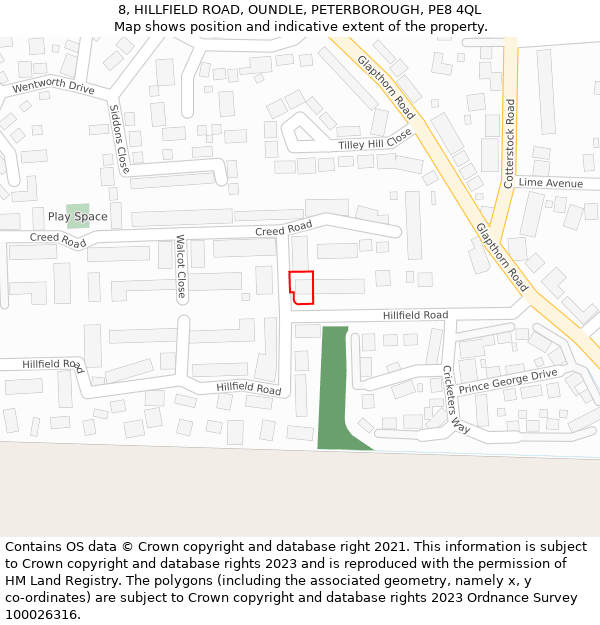 8, HILLFIELD ROAD, OUNDLE, PETERBOROUGH, PE8 4QL: Location map and indicative extent of plot