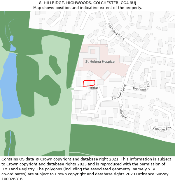 8, HILLRIDGE, HIGHWOODS, COLCHESTER, CO4 9UJ: Location map and indicative extent of plot