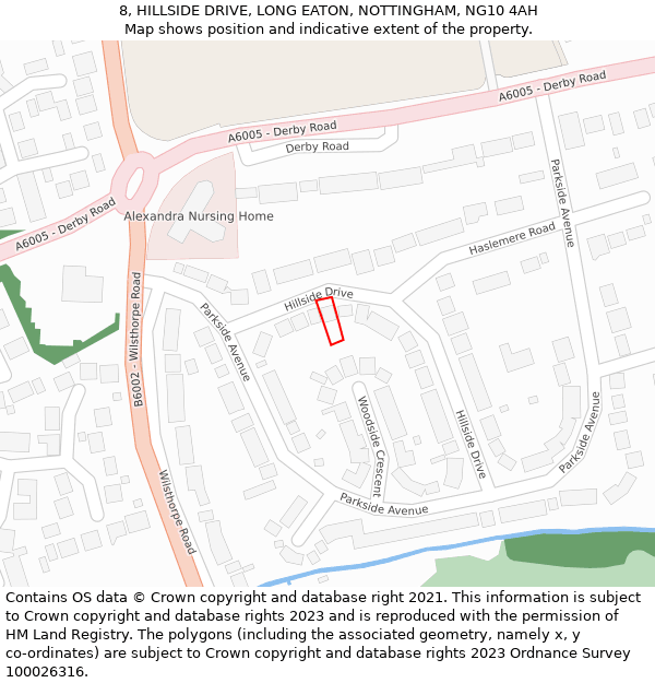 8, HILLSIDE DRIVE, LONG EATON, NOTTINGHAM, NG10 4AH: Location map and indicative extent of plot