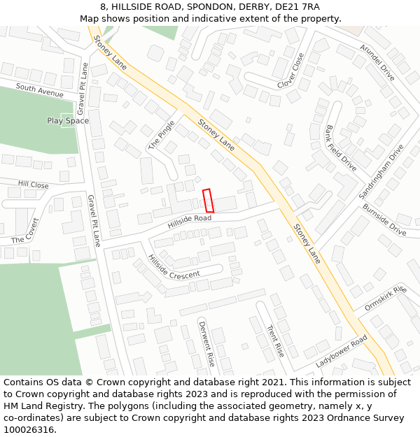 8, HILLSIDE ROAD, SPONDON, DERBY, DE21 7RA: Location map and indicative extent of plot