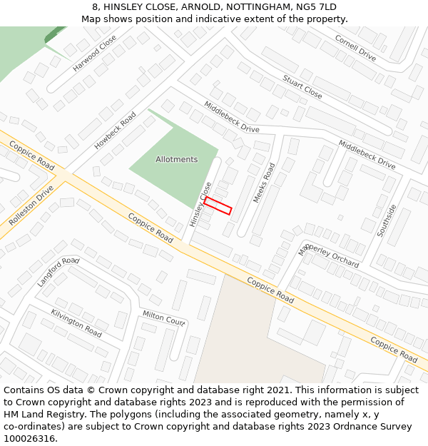 8, HINSLEY CLOSE, ARNOLD, NOTTINGHAM, NG5 7LD: Location map and indicative extent of plot