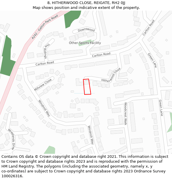 8, HITHERWOOD CLOSE, REIGATE, RH2 0JJ: Location map and indicative extent of plot