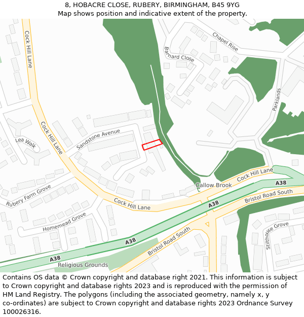 8, HOBACRE CLOSE, RUBERY, BIRMINGHAM, B45 9YG: Location map and indicative extent of plot