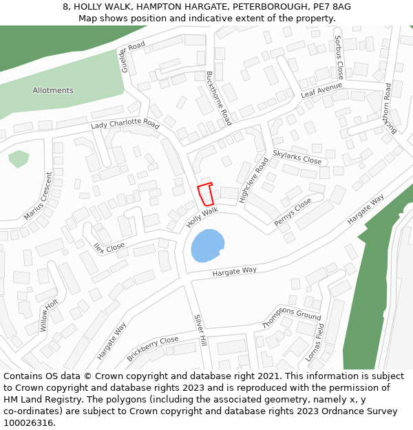 8, HOLLY WALK, HAMPTON HARGATE, PETERBOROUGH, PE7 8AG: Location map and indicative extent of plot