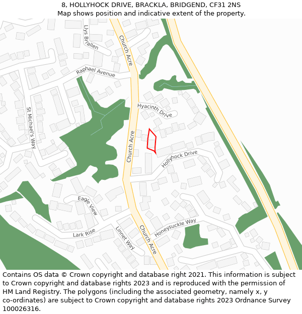 8, HOLLYHOCK DRIVE, BRACKLA, BRIDGEND, CF31 2NS: Location map and indicative extent of plot