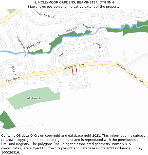 8, HOLLYMOOR GARDENS, BEAMINSTER, DT8 3NH: Location map and indicative extent of plot