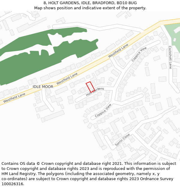 8, HOLT GARDENS, IDLE, BRADFORD, BD10 8UG: Location map and indicative extent of plot