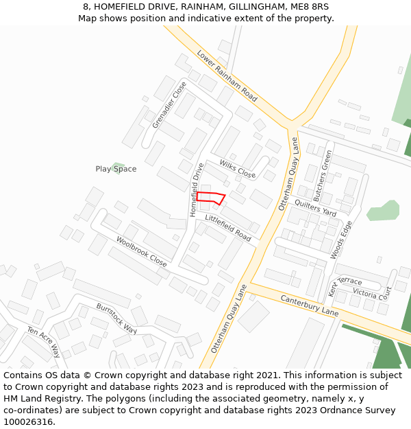 8, HOMEFIELD DRIVE, RAINHAM, GILLINGHAM, ME8 8RS: Location map and indicative extent of plot