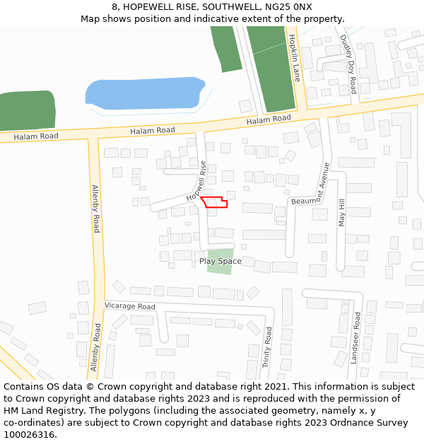 8, HOPEWELL RISE, SOUTHWELL, NG25 0NX: Location map and indicative extent of plot