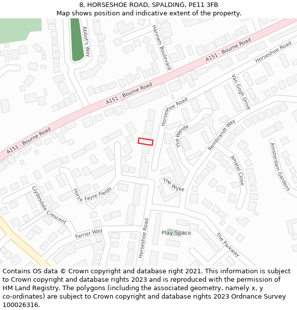 8, HORSESHOE ROAD, SPALDING, PE11 3FB: Location map and indicative extent of plot