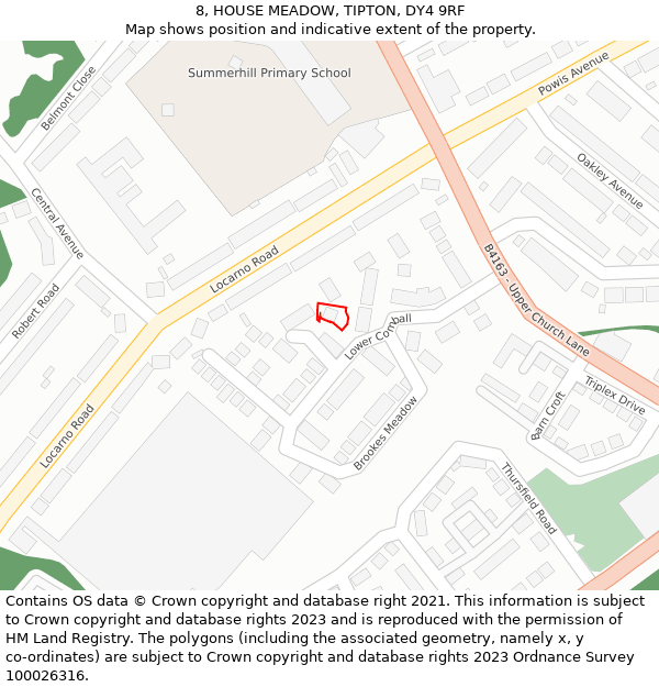 8, HOUSE MEADOW, TIPTON, DY4 9RF: Location map and indicative extent of plot