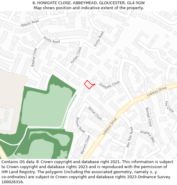 8, HOWGATE CLOSE, ABBEYMEAD, GLOUCESTER, GL4 5GW: Location map and indicative extent of plot