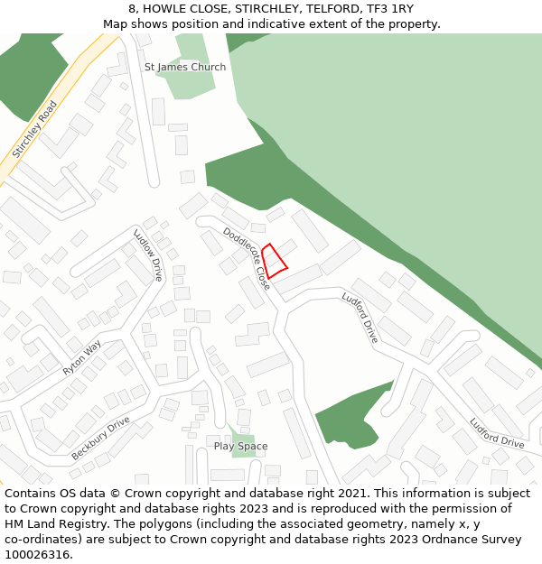 8, HOWLE CLOSE, STIRCHLEY, TELFORD, TF3 1RY: Location map and indicative extent of plot