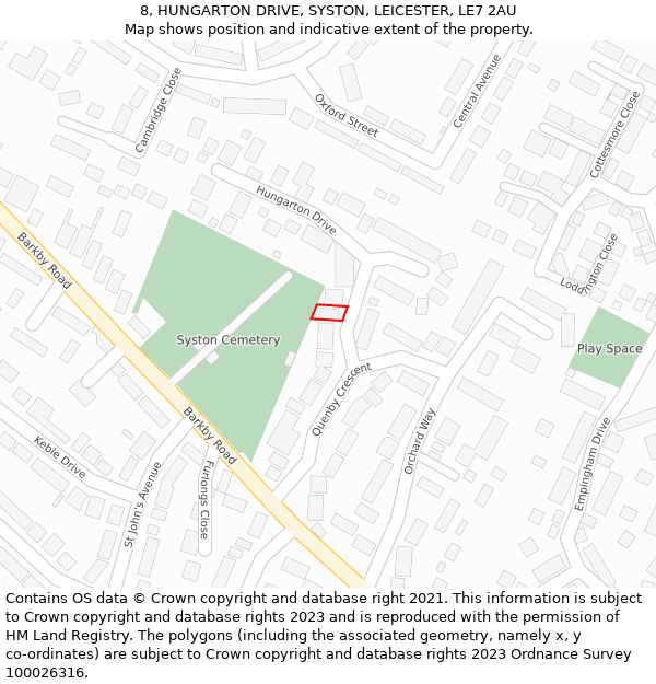 8, HUNGARTON DRIVE, SYSTON, LEICESTER, LE7 2AU: Location map and indicative extent of plot