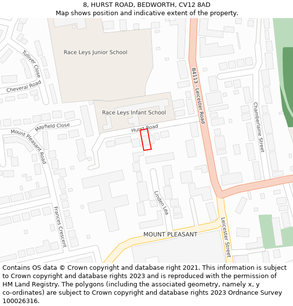 8, HURST ROAD, BEDWORTH, CV12 8AD: Location map and indicative extent of plot