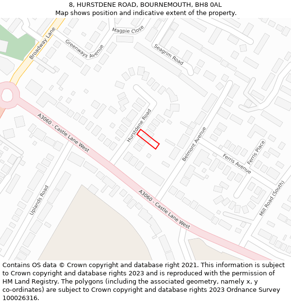 8, HURSTDENE ROAD, BOURNEMOUTH, BH8 0AL: Location map and indicative extent of plot
