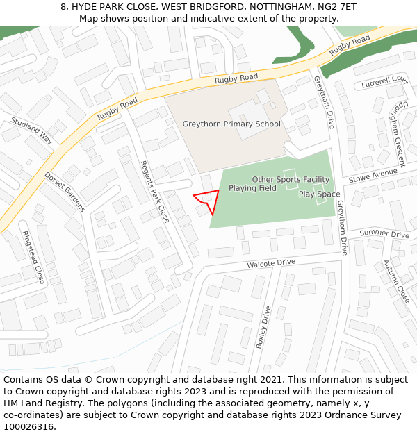 8, HYDE PARK CLOSE, WEST BRIDGFORD, NOTTINGHAM, NG2 7ET: Location map and indicative extent of plot