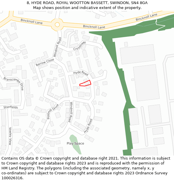8, HYDE ROAD, ROYAL WOOTTON BASSETT, SWINDON, SN4 8GA: Location map and indicative extent of plot