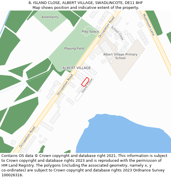 8, ISLAND CLOSE, ALBERT VILLAGE, SWADLINCOTE, DE11 8HF: Location map and indicative extent of plot