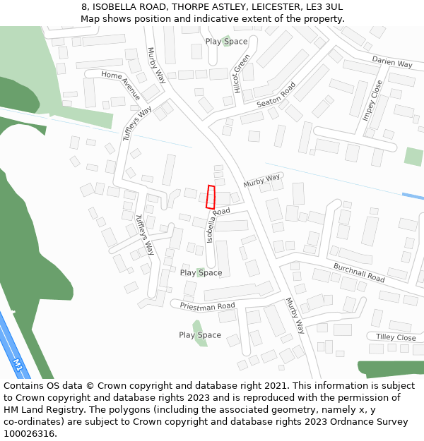 8, ISOBELLA ROAD, THORPE ASTLEY, LEICESTER, LE3 3UL: Location map and indicative extent of plot