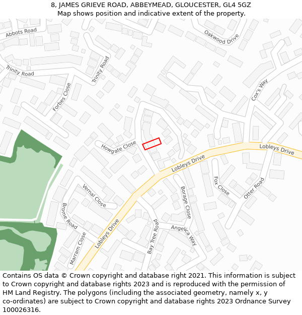 8, JAMES GRIEVE ROAD, ABBEYMEAD, GLOUCESTER, GL4 5GZ: Location map and indicative extent of plot