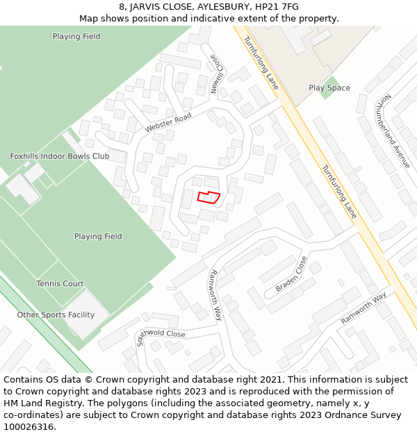 8, JARVIS CLOSE, AYLESBURY, HP21 7FG: Location map and indicative extent of plot