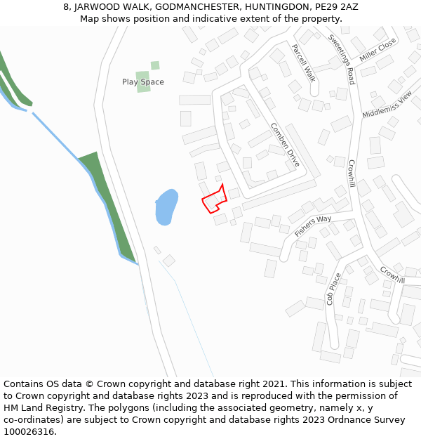 8, JARWOOD WALK, GODMANCHESTER, HUNTINGDON, PE29 2AZ: Location map and indicative extent of plot