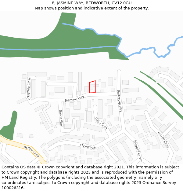 8, JASMINE WAY, BEDWORTH, CV12 0GU: Location map and indicative extent of plot