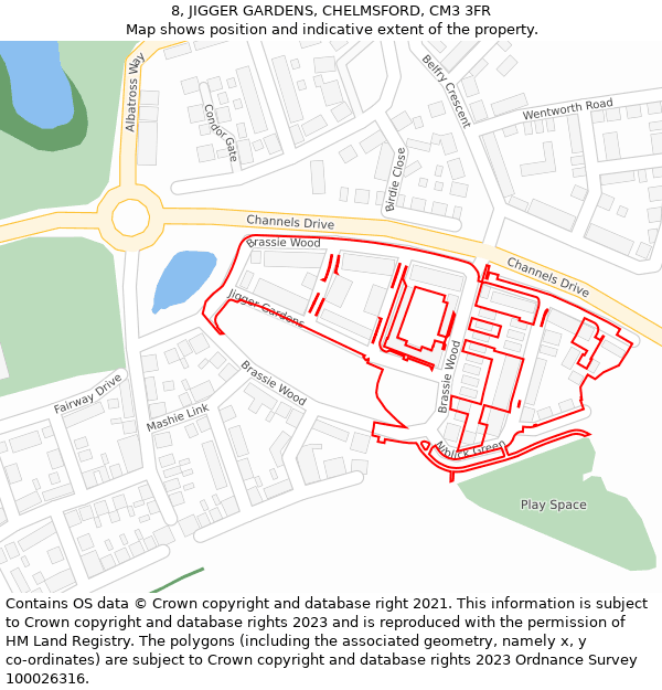 8, JIGGER GARDENS, CHELMSFORD, CM3 3FR: Location map and indicative extent of plot