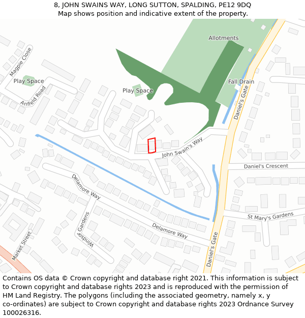 8, JOHN SWAINS WAY, LONG SUTTON, SPALDING, PE12 9DQ: Location map and indicative extent of plot