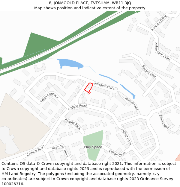8, JONAGOLD PLACE, EVESHAM, WR11 3JQ: Location map and indicative extent of plot