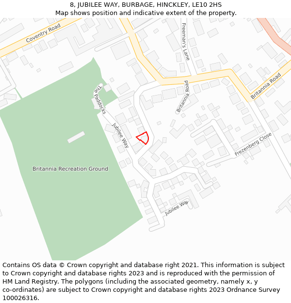 8, JUBILEE WAY, BURBAGE, HINCKLEY, LE10 2HS: Location map and indicative extent of plot