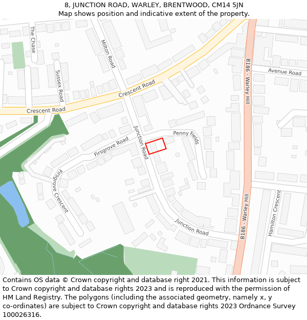 8, JUNCTION ROAD, WARLEY, BRENTWOOD, CM14 5JN: Location map and indicative extent of plot