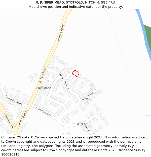 8, JUNIPER MEAD, STOTFOLD, HITCHIN, SG5 4RU: Location map and indicative extent of plot