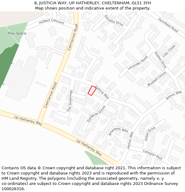 8, JUSTICIA WAY, UP HATHERLEY, CHELTENHAM, GL51 3YH: Location map and indicative extent of plot