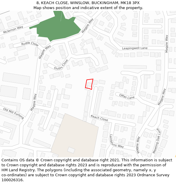 8, KEACH CLOSE, WINSLOW, BUCKINGHAM, MK18 3PX: Location map and indicative extent of plot