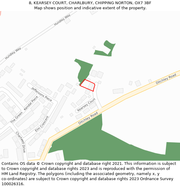 8, KEARSEY COURT, CHARLBURY, CHIPPING NORTON, OX7 3BF: Location map and indicative extent of plot