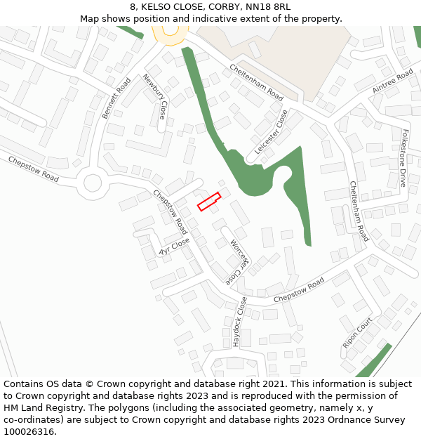 8, KELSO CLOSE, CORBY, NN18 8RL: Location map and indicative extent of plot