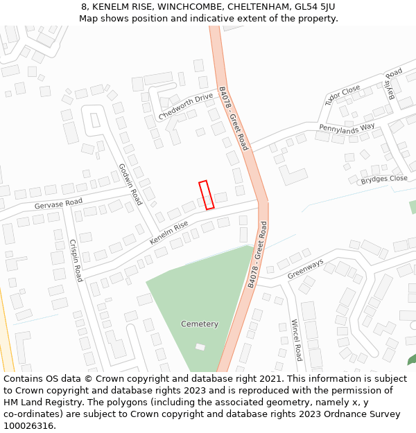 8, KENELM RISE, WINCHCOMBE, CHELTENHAM, GL54 5JU: Location map and indicative extent of plot