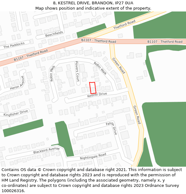 8, KESTREL DRIVE, BRANDON, IP27 0UA: Location map and indicative extent of plot