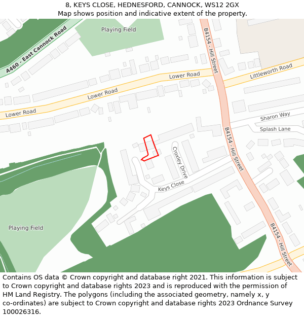 8, KEYS CLOSE, HEDNESFORD, CANNOCK, WS12 2GX: Location map and indicative extent of plot