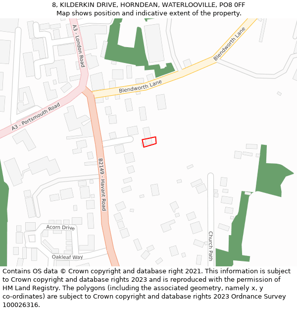 8, KILDERKIN DRIVE, HORNDEAN, WATERLOOVILLE, PO8 0FF: Location map and indicative extent of plot