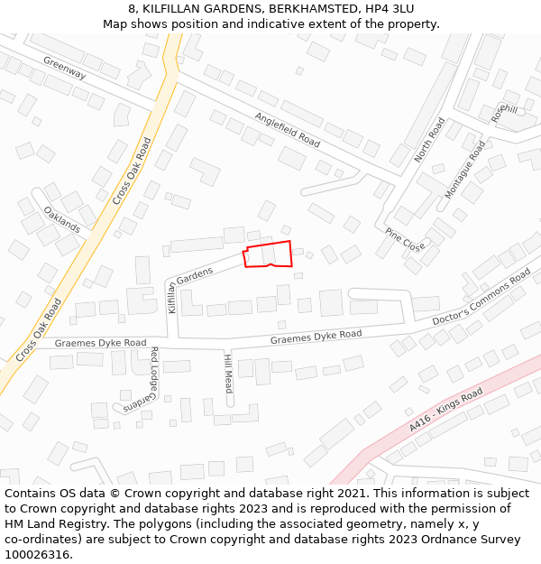 8, KILFILLAN GARDENS, BERKHAMSTED, HP4 3LU: Location map and indicative extent of plot