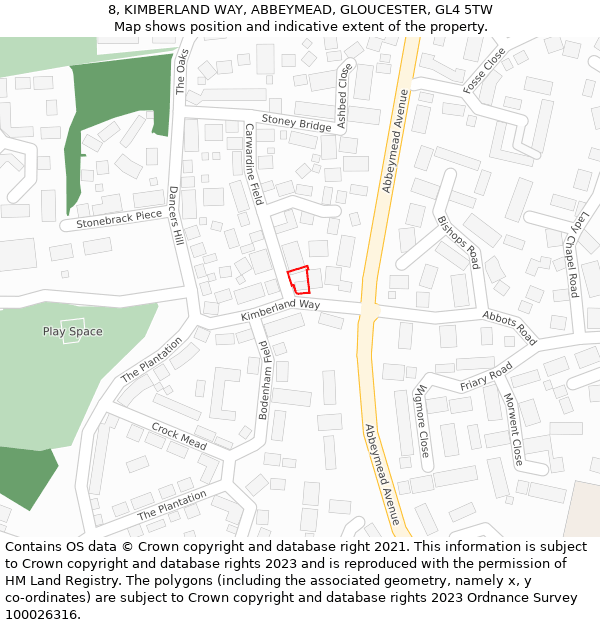 8, KIMBERLAND WAY, ABBEYMEAD, GLOUCESTER, GL4 5TW: Location map and indicative extent of plot