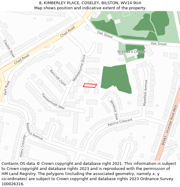 8, KIMBERLEY PLACE, COSELEY, BILSTON, WV14 9UA: Location map and indicative extent of plot