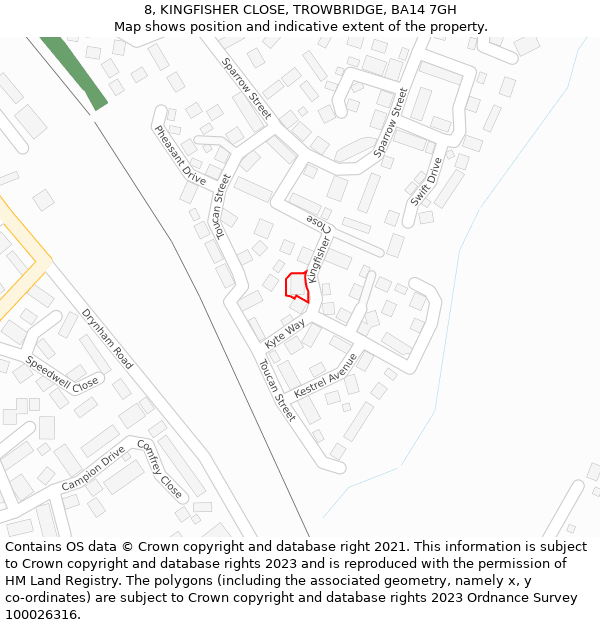 8, KINGFISHER CLOSE, TROWBRIDGE, BA14 7GH: Location map and indicative extent of plot