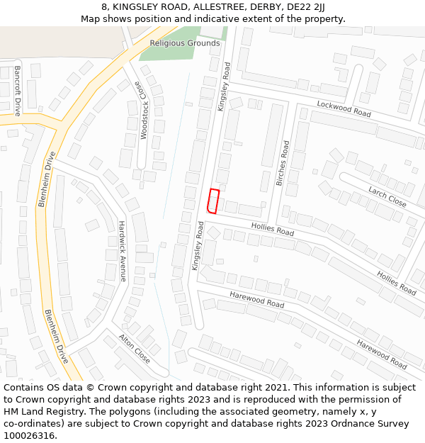 8, KINGSLEY ROAD, ALLESTREE, DERBY, DE22 2JJ: Location map and indicative extent of plot